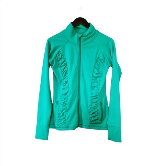 90 Degrees By Reflex Green Ruffled Zip Sweater - Picture 1 of 9